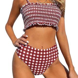 Women's Plaid Spaghetti Strap Smocked 2 Piece Gingham Bikini Swimsuit